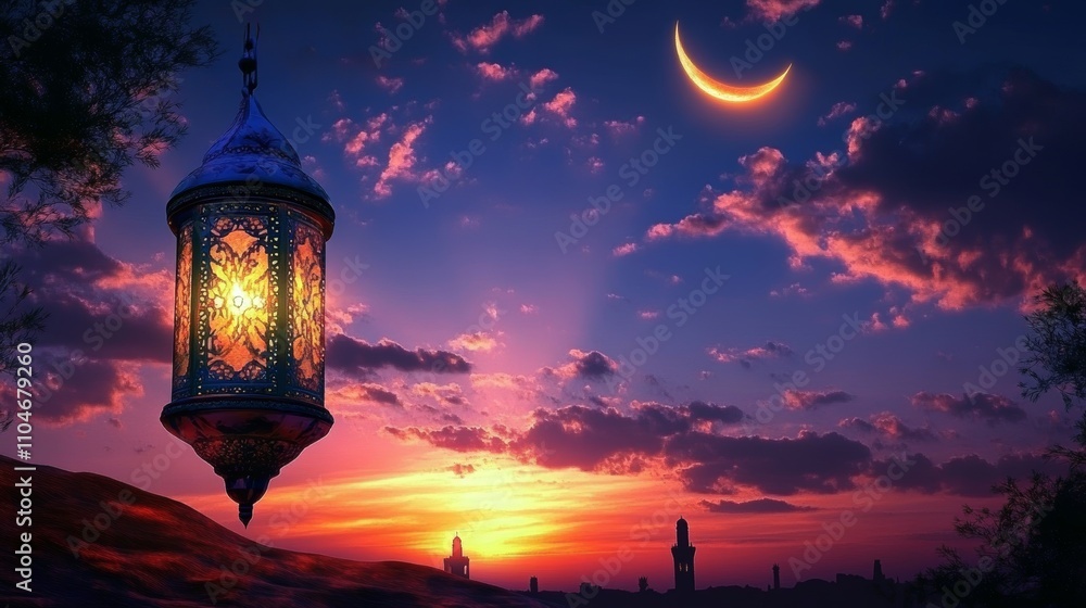 Moroccan Lantern with Warm Glow Against Stunning Sunset and Crescent Moon in Magical Twilight Sky Moroccan Lantern with Warm Glow Against Stunning Sunset and Crescent Moon in Magical Twilight Sky