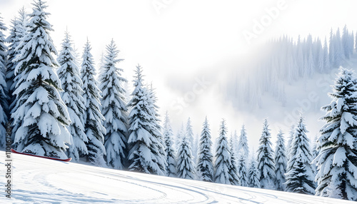 snowboard on magical ski slope with snowy firs isolated with white highlights, png