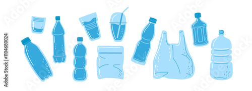 Various types of plastic bottles and bags arranged in a creative pattern for recycling awareness