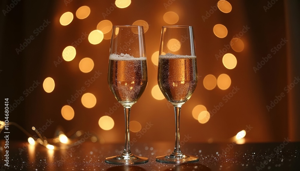 Two champagne glasses on a table Lit candles behind the glasses A festive atmosphere in the Two champagne glasses on a table Lit candles behind the glasses A festive atmosphere in the