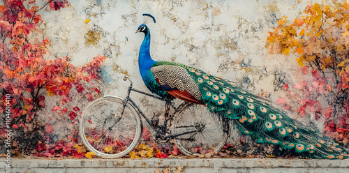 A peacock perched on a vintage bicycle against a backdrop of vibrant autumn foliage. photo