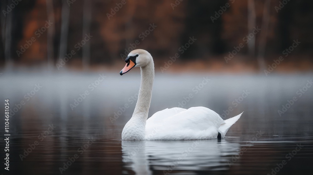 Fototapeta premium Elegant White Swan Gliding Across Calm Water in Autumn Landscape