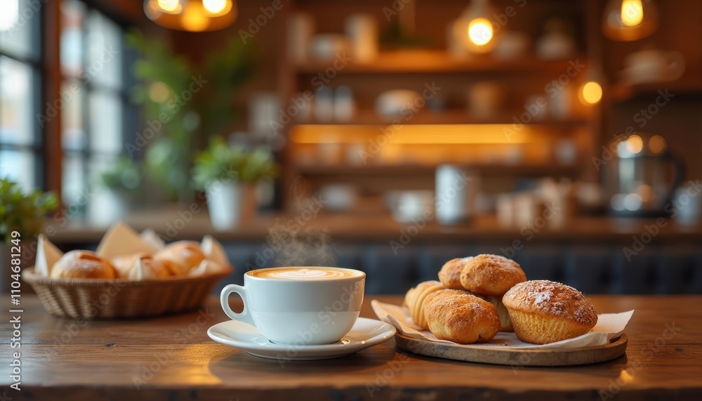 Delicious morning breakfast with pastries and coffee Delicious morning breakfast with pastries and coffee