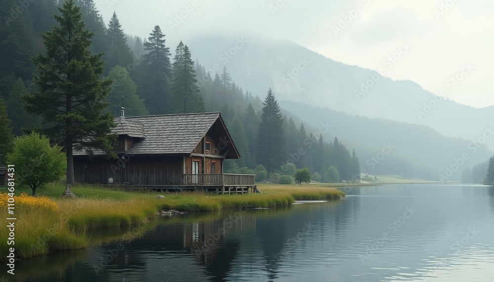 Lakefront cabin with wood exterior on a serene mountain lake, surrounded by coniferous trees Lakefront cabin with wood exterior on a serene mountain lake, surrounded by coniferous trees