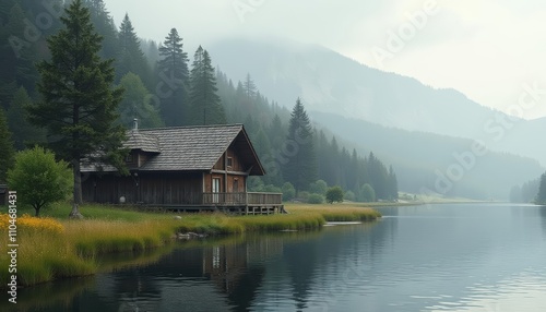 Lakefront cabin with wood exterior on a serene mountain lake, surrounded by coniferous trees photo