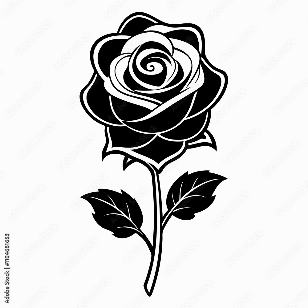 A black and white rose with leaves on a stem A black and white rose with leaves on a stem