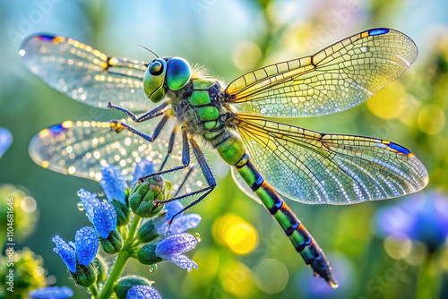 Vibrant green dragonfly perched on a dew-covered blue flower in sunlight.