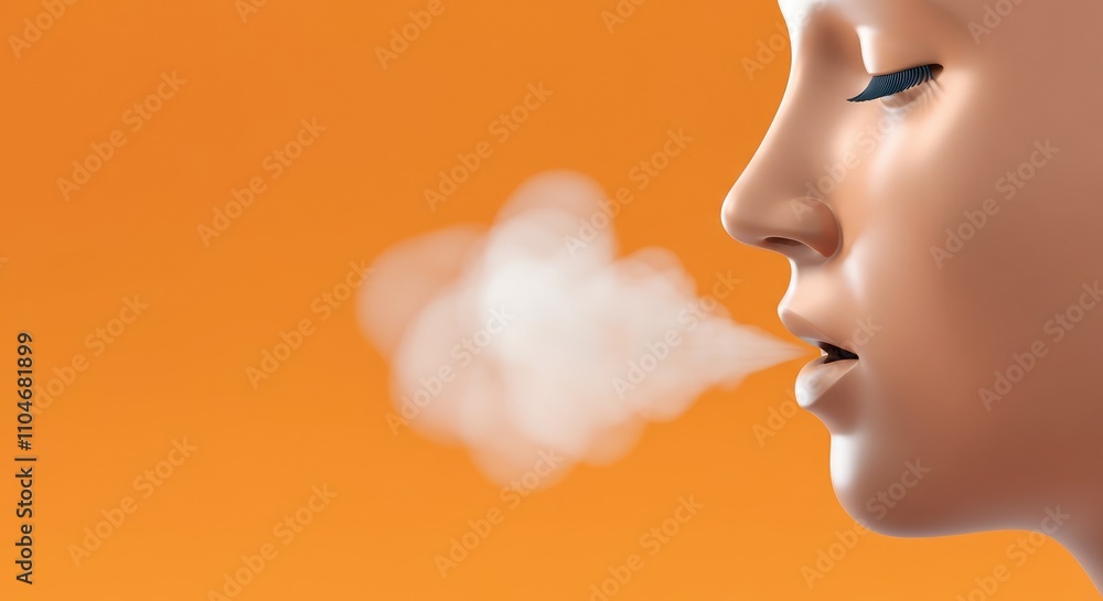 3D-rendered profile of young woman blowing breath against orange background 3D-rendered profile of young woman blowing breath against orange background