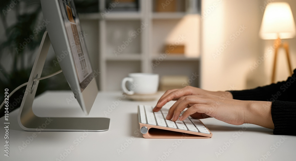 Woman typing on keyboard at desk with computer and coffee cup Woman typing on keyboard at desk with computer and coffee cup