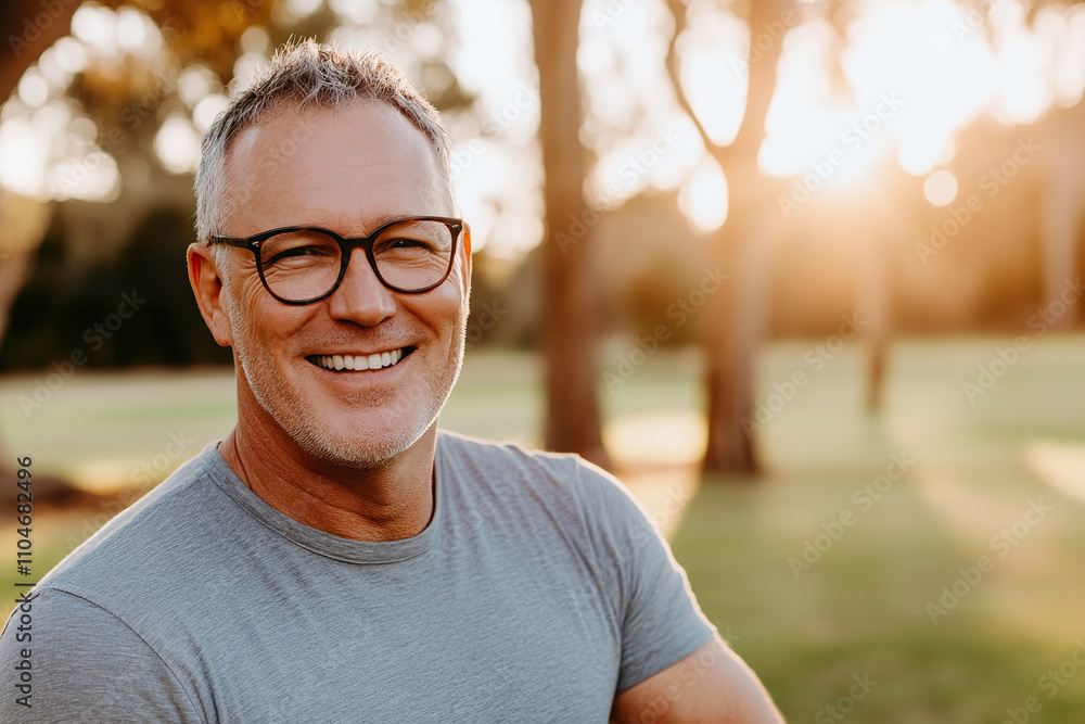 Smiling adult male with glasses in his 50s enjoying sunny day outdoors in park