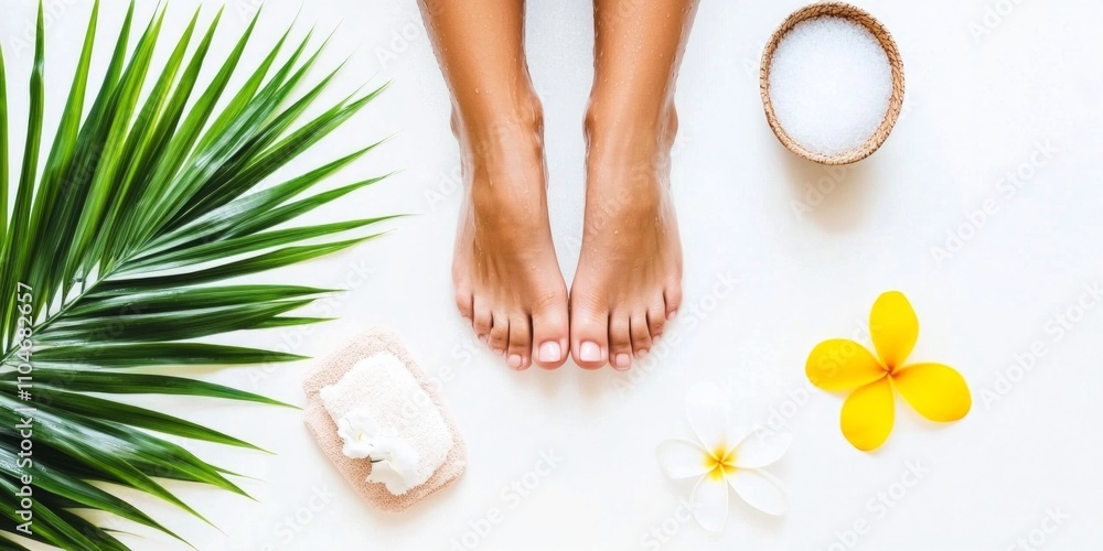 Foot spa treatment on white background with tropical flowers and green leaves
