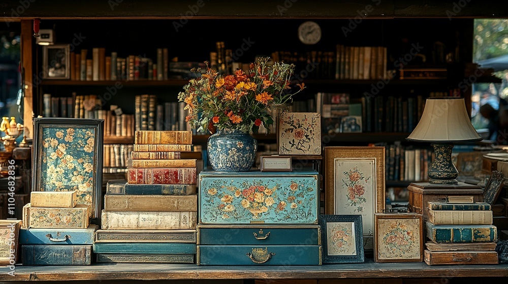 Antique Books Flowers And Decorated Boxes Arranged On A Table Antique Books Flowers And Decorated Boxes Arranged On A Table