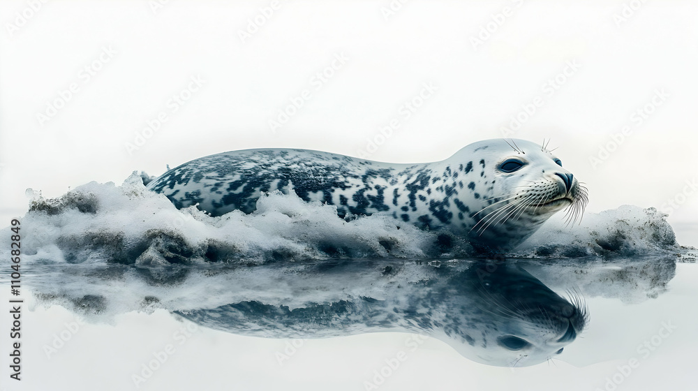 Obraz premium A seal resting on a calm surface with a reflective background.