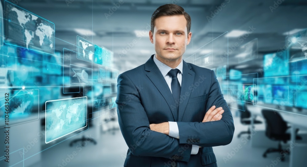 Confident Caucasian male in modern office with digital interfaces displayed Confident Caucasian male in modern office with digital interfaces displayed