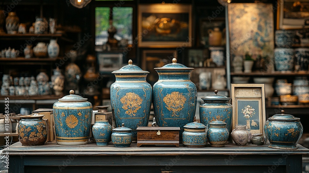 Antique Blue Gold Decorated Porcelain Jars Displayed Antique Blue Gold Decorated Porcelain Jars Displayed