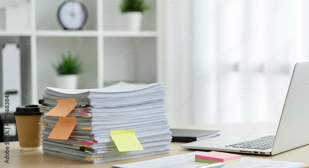 Neatly stacked documents with colorful sticky notes on busy office desk Neatly stacked documents with colorful sticky notes on busy office desk