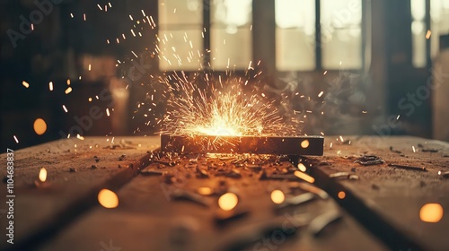 Blacksmith twisting iron bars into decorative shapes, sparks flying in the workshop photo