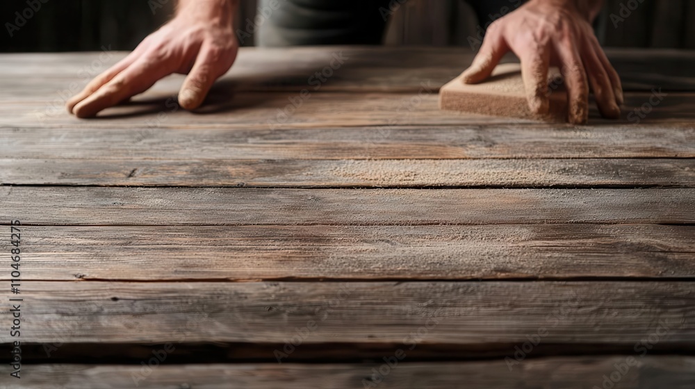 Carpenter sanding a wooden table, highlighting the handcrafted finishing process Carpenter sanding a wooden table, highlighting the handcrafted finishing process