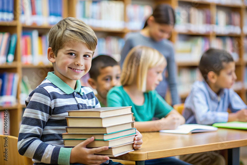 Smiling boy holds books in school library with classmates.