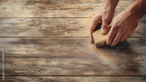 Carpenter sanding a wooden table, highlighting the handcrafted finishing process photo