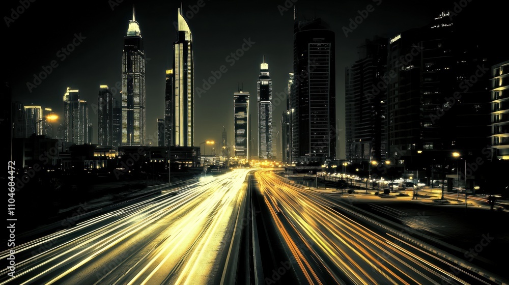 Night cityscape with long exposure light trails on highway. Night cityscape with long exposure light trails on highway.