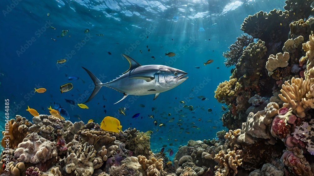 Fototapeta premium 珊瑚礁を泳ぐマグロ