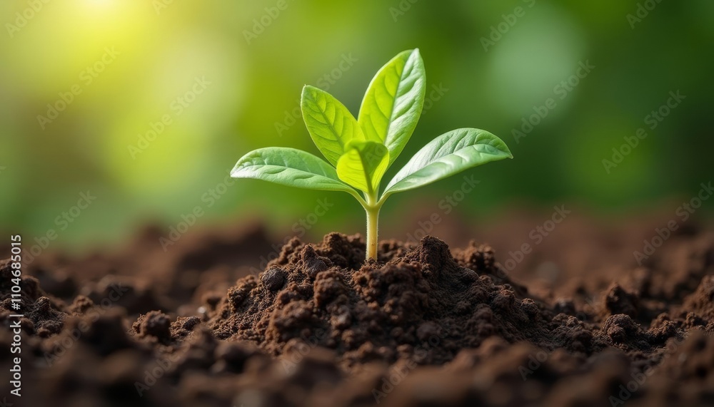 A single young plant sprouting from the soil, with bright green leavesBackground is softly blurred with a gradient of light yellow A single young plant sprouting from the soil, with bright green leavesBackground is softly blurred with a gradient of light yellow