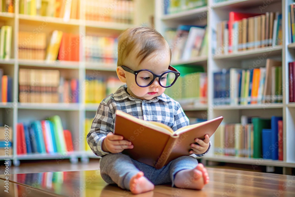 Adorable baby wearing glasses sits on the floor in a library, engrossed in reading a book. (1) Adorable baby wearing glasses sits on the floor in a library, engrossed in reading a book. (1)