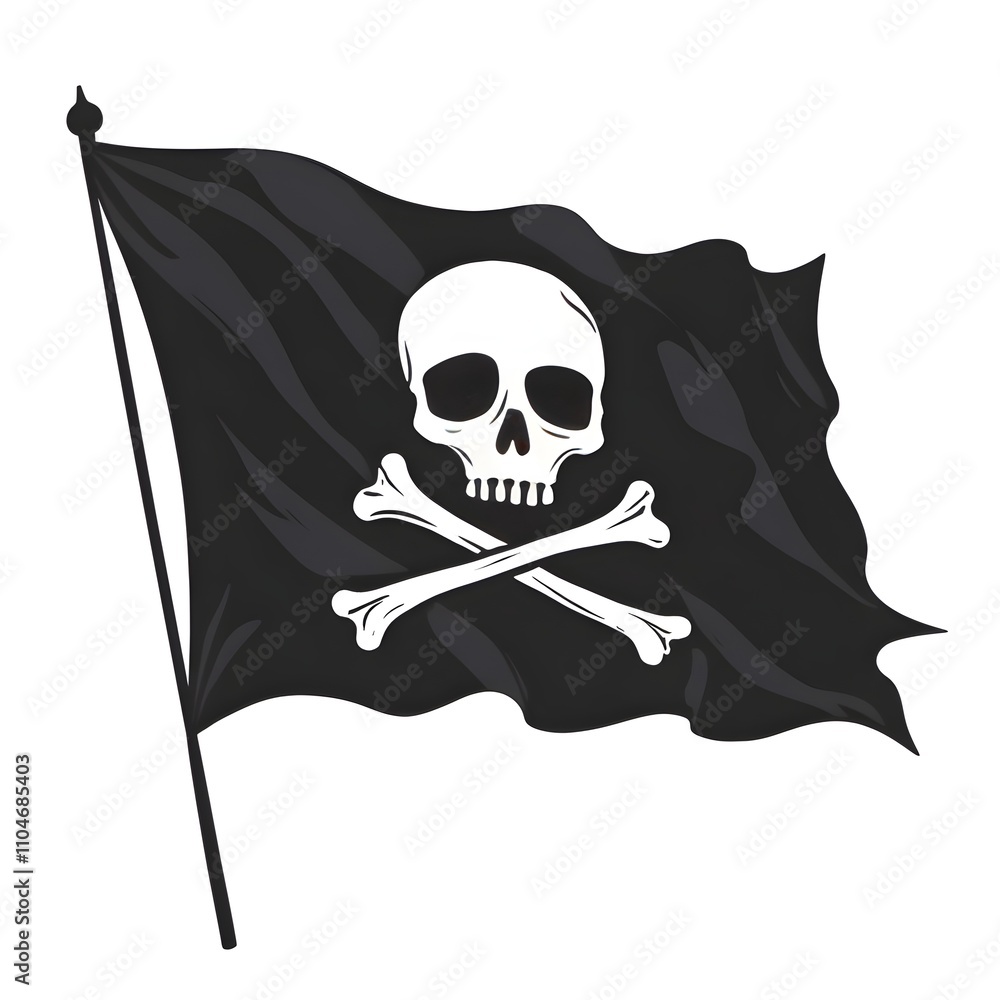 Fototapeta premium Black pirate flag with skull and crossbones, waving in wind