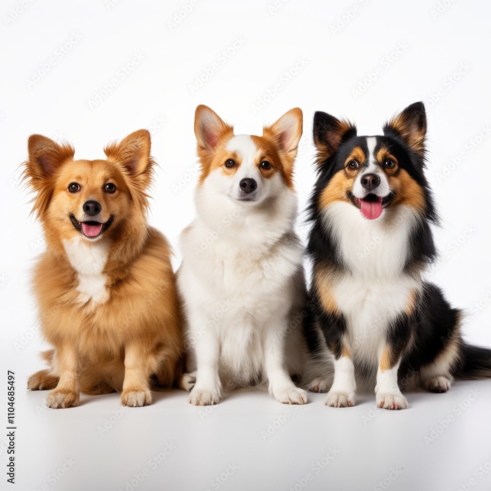 three happy dogs sitting together with playful expressions three happy dogs sitting together with playful expressions