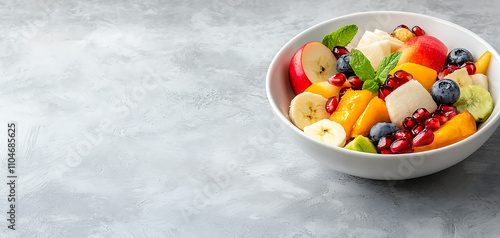 Vibrant mixed fruit salad bowl with fresh ingredients kitchen food photography bright environment top view healthy lifestyle concept