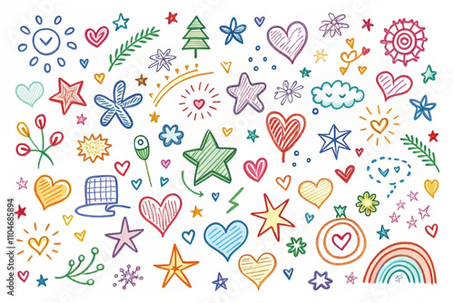 Colorful hand-drawn doodles of hearts, stars, flowers, and other cheerful elements on white background.