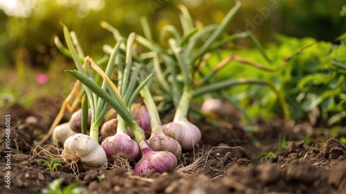 Garlic Harvest in the Garden: Freshly Picked Vegetables and Organic Agriculture.