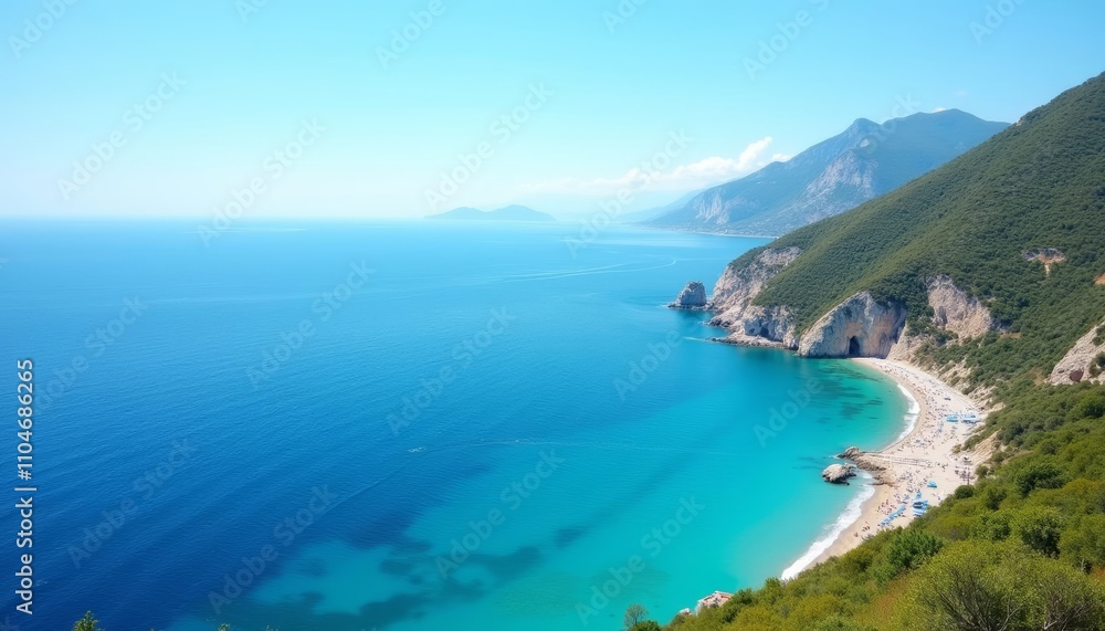 Lush coastline with turquoise waters against a blue sky backdrop Lush coastline with turquoise waters against a blue sky backdrop