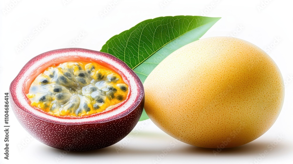 Fresh Passion Fruit and Whole Fruit with Leaf Isolated on White Background Fresh Passion Fruit and Whole Fruit with Leaf Isolated on White Background