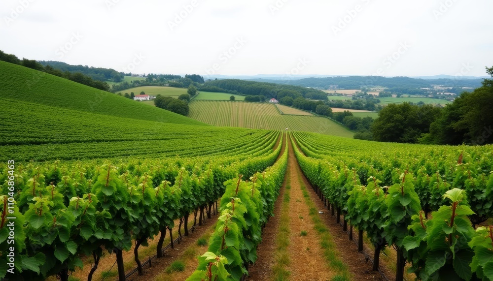 Vineyard on a hillside with green vines and brown soil in the foreground; valley of cultivated fields behind Vineyard on a hillside with green vines and brown soil in the foreground; valley of cultivated fields behind
