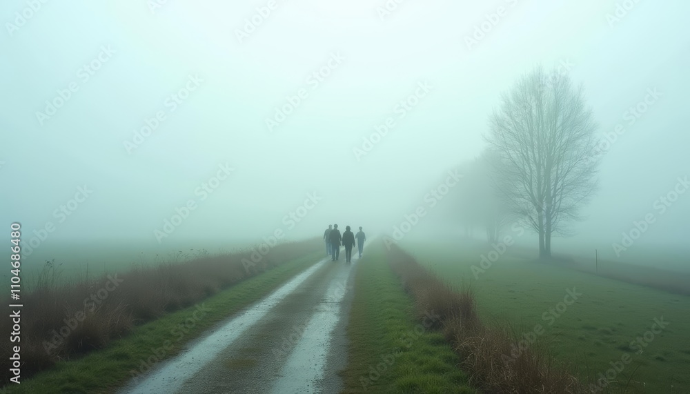 Misty day, three people walking on path between grass and trees Misty day, three people walking on path between grass and trees