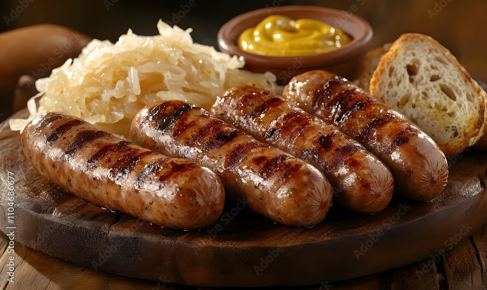 Bratwurst sausages served on a rustic wooden plate with sauerkraut, mustard and crusty bread, Generative AI Bratwurst sausages served on a rustic wooden plate with sauerkraut, mustard and crusty bread, Generative AI