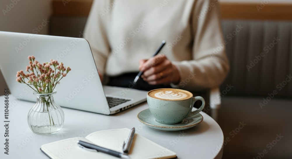 Woman working on laptop in cozy cafe with cappuccino table Woman working on laptop in cozy cafe with cappuccino table