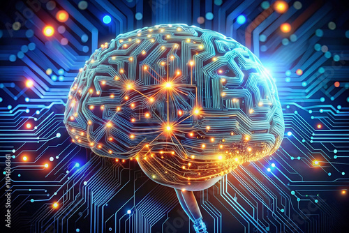 Human brain circuit board glowing neural network AI technology concept.