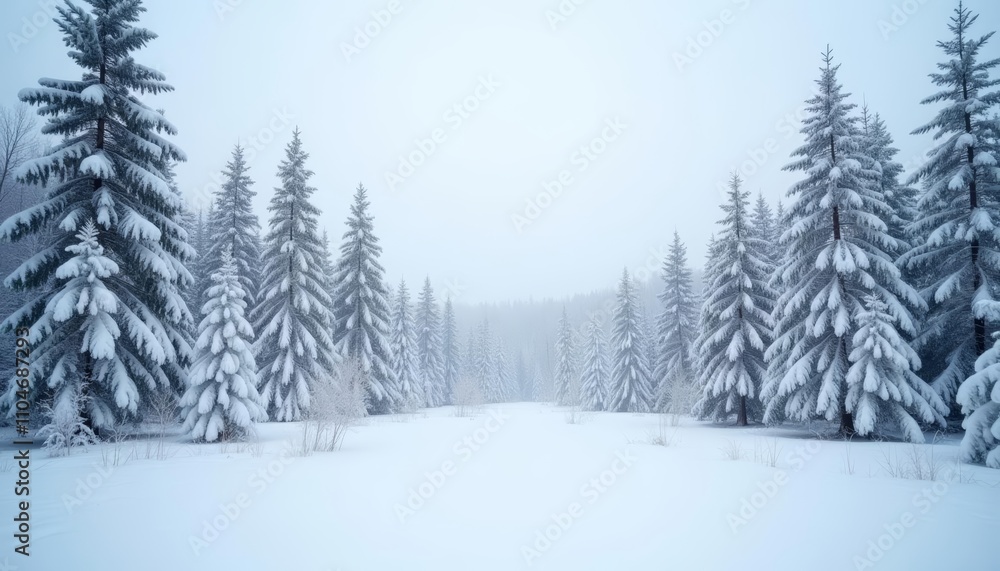 Snowy forest with pine trees under foggy sky