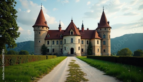 A grand castle with red roofs on a path