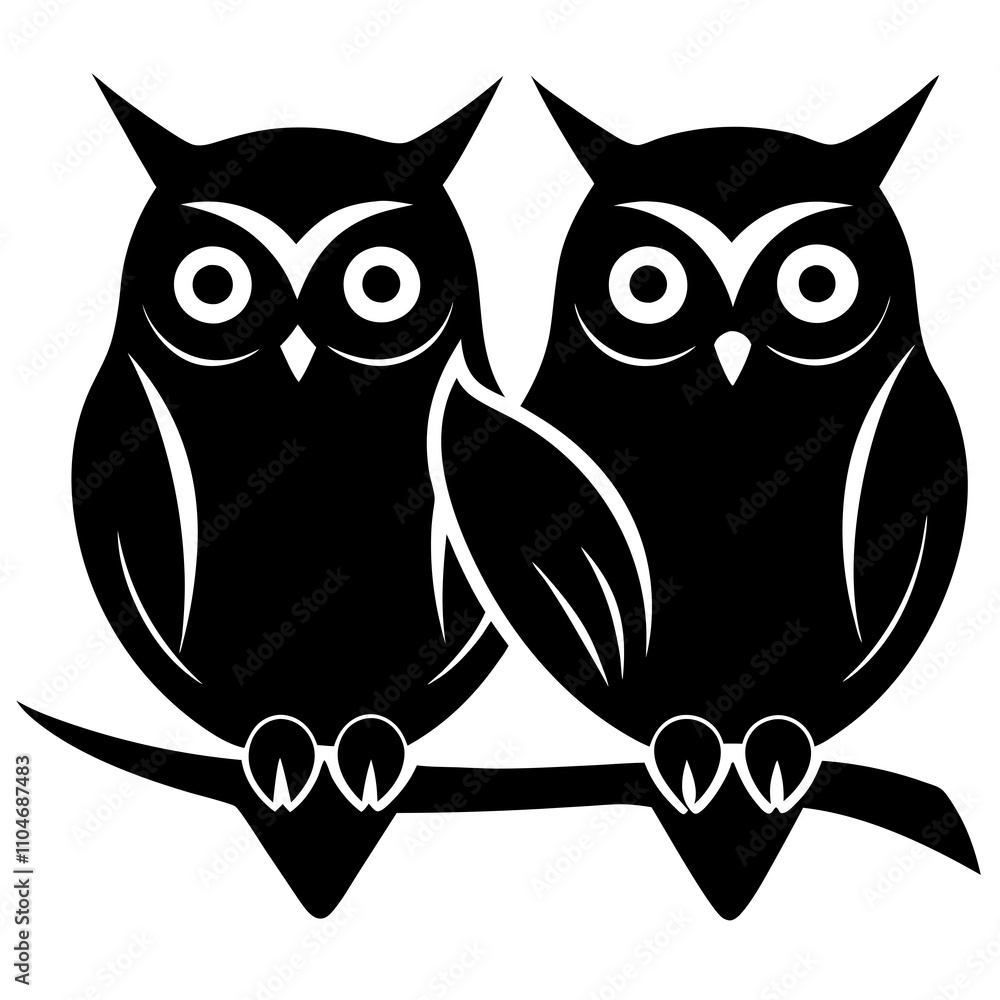 A black silhouette of a pair of owls sitting side A black silhouette of a pair of owls sitting side