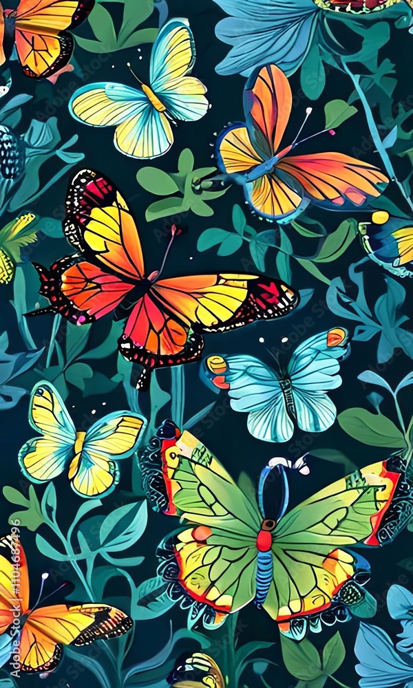 Fototapeta premium Vibrant butterflies fluttering through lush greenery, showcasing brilliant colors against a deep blue backdrop. Perfect for nature lovers, artistic designs, greeting card, print, digital designs.