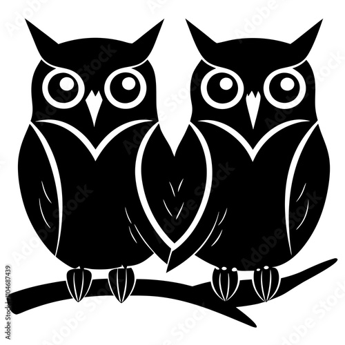 A black silhouette of a pair of owls sitting side