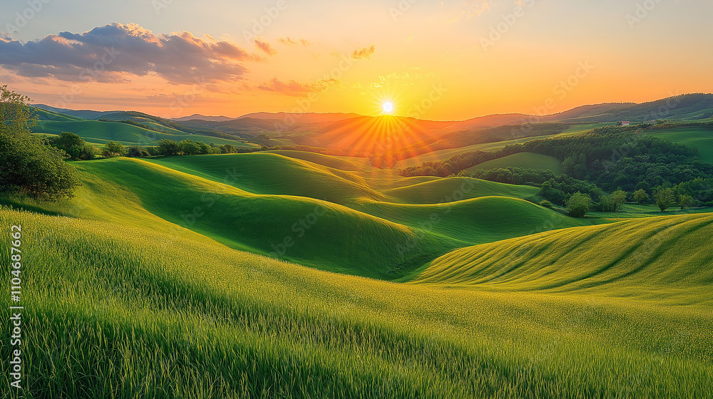 Obraz premium Golden Hour Sunset over Rolling Green Hills