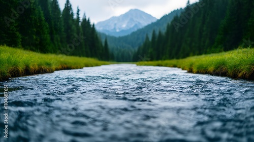 A Scenic River Winding Through Lush Greenery Underneath Majestic Mountain Peaks. Scenic Beauty of Nature Concept photo