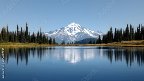 Breathtaking Serenity: A High Mountain Lake Framed by Majestic Pine Trees and Snow-Capped Peaks. Scenic Beauty of Nature Concept