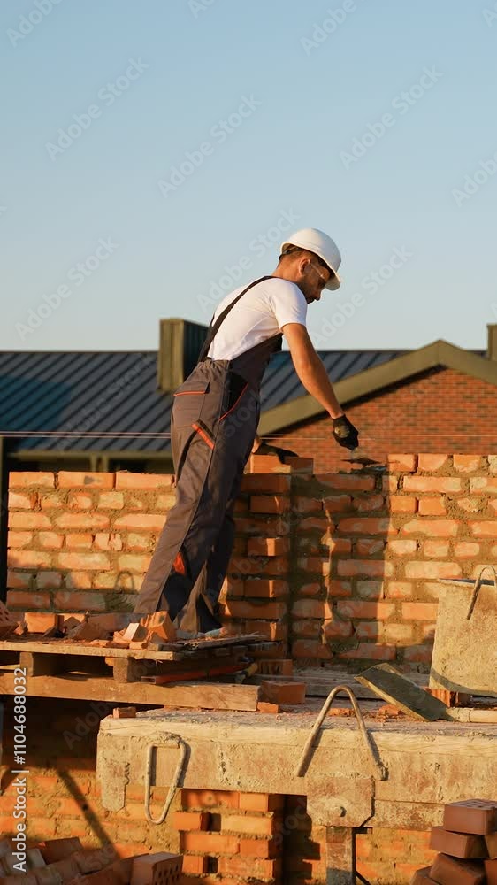 Skilled Worker Laying Bricks at Construction Site Skilled Worker Laying Bricks at Construction Site