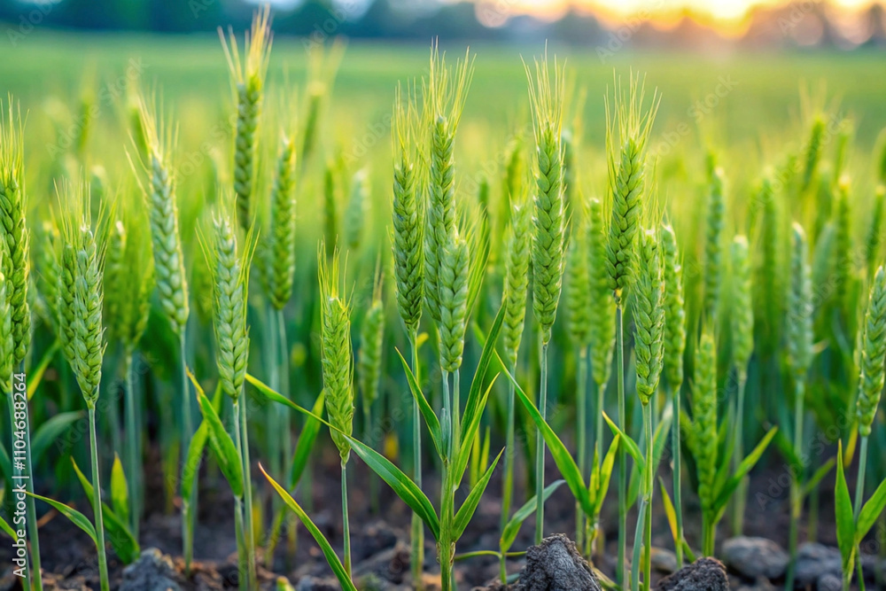 Fototapeta premium Lush green wheat field at sunset. (1)